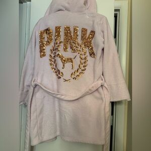 Victoria's Secret Pink Plush Sherpa Hood Pink Bling Sequin Dog Robe Womens XS S